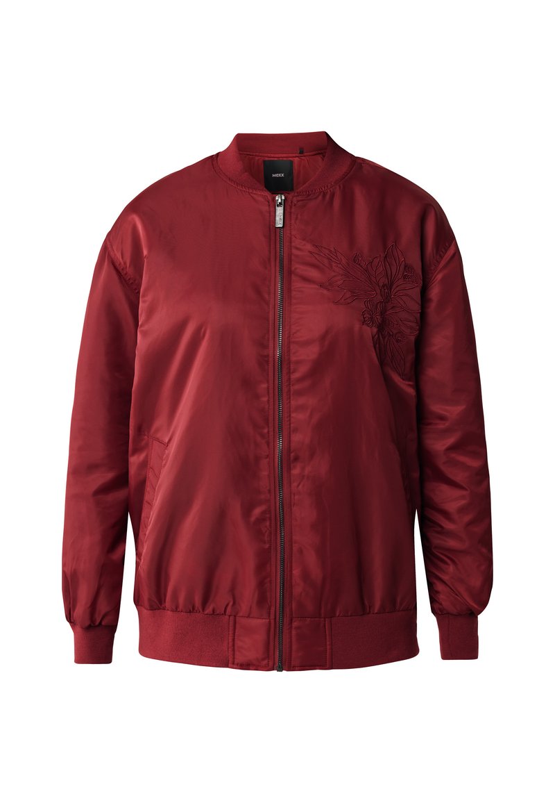 Rote Satin-Bomberjacke mit durchgehendem Reißverschluss, gerippten Bündchen und Saum. Mit besticktem Blumenmotiv auf der linken Brust. Glatte Oberfläche.