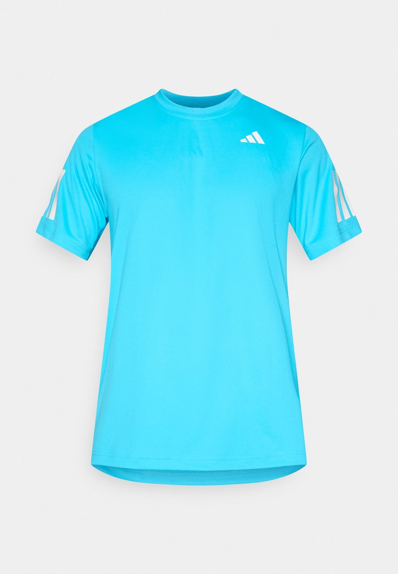 T-Shirt mit kurzen Ärmeln und Rundhalsausschnitt in leuchtendem Blau, mit glatter Textur und drei weißen vertikalen Streifen auf jedem Ärmel.