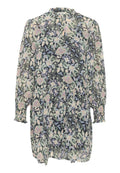 Langärmliges Kleid aus leichtem Stoff, mit einem dunklen Hintergrund und floralem Muster in pastellfarben, gerafften Manschetten und hohem Kragen.