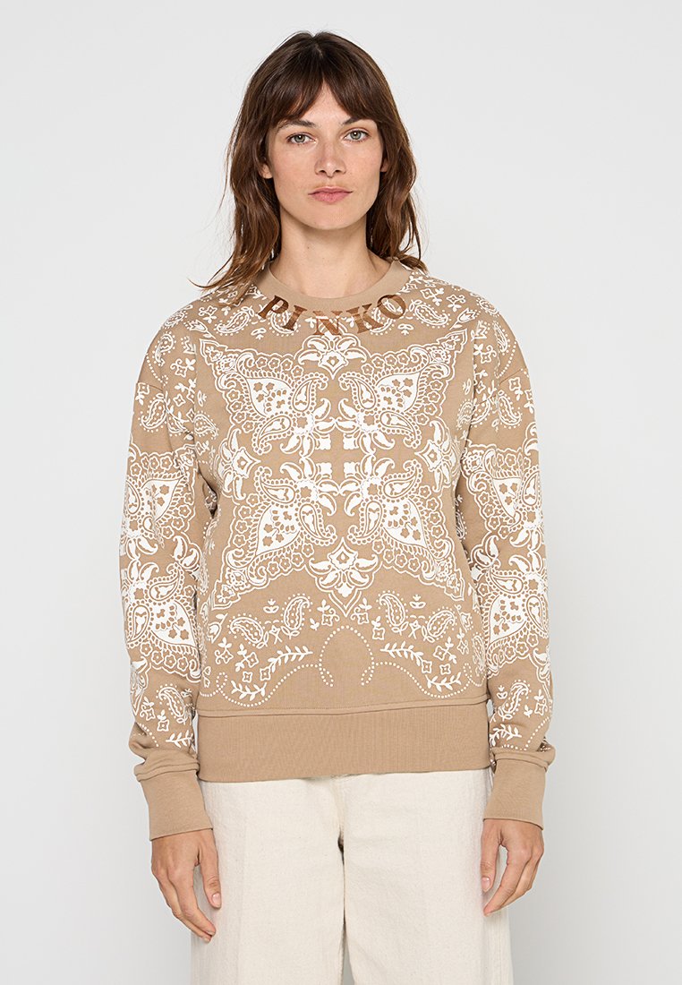 Brauner Pullover-Sweatshirt mit detaillierten weißen Paisley- und Blumenmustern, geripptem Saum und Bündchen sowie rundem Ausschnitt.