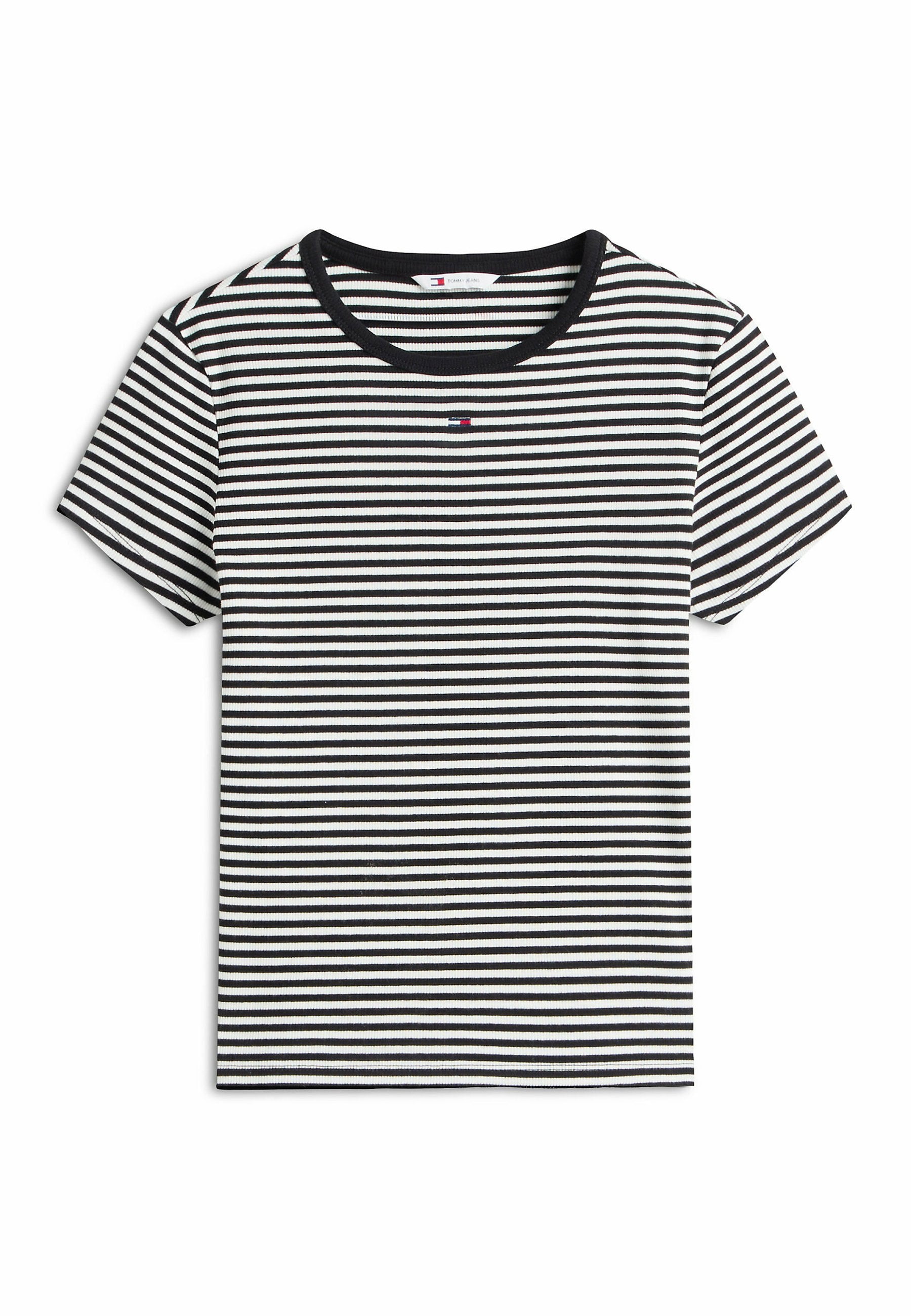 Schwarz-weiß gestreiftes T-Shirt mit kurzen Ärmeln, schwarzem Kragen und kleinem, mittig platziertem Logo auf der Brust.