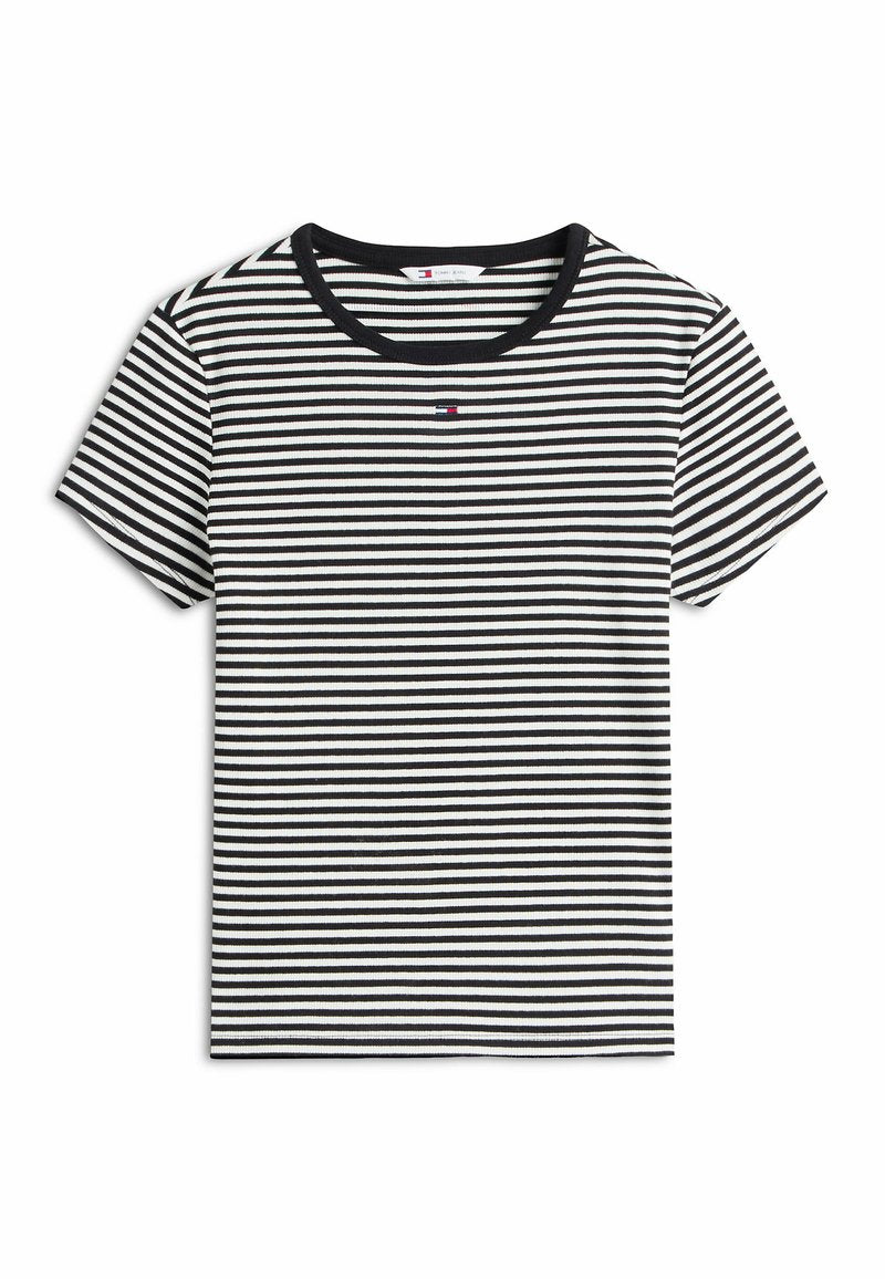 Schwarz-weiß gestreiftes T-Shirt mit kurzen Ärmeln, schwarzem Kragen und kleinem, mittig platziertem Logo auf der Brust.