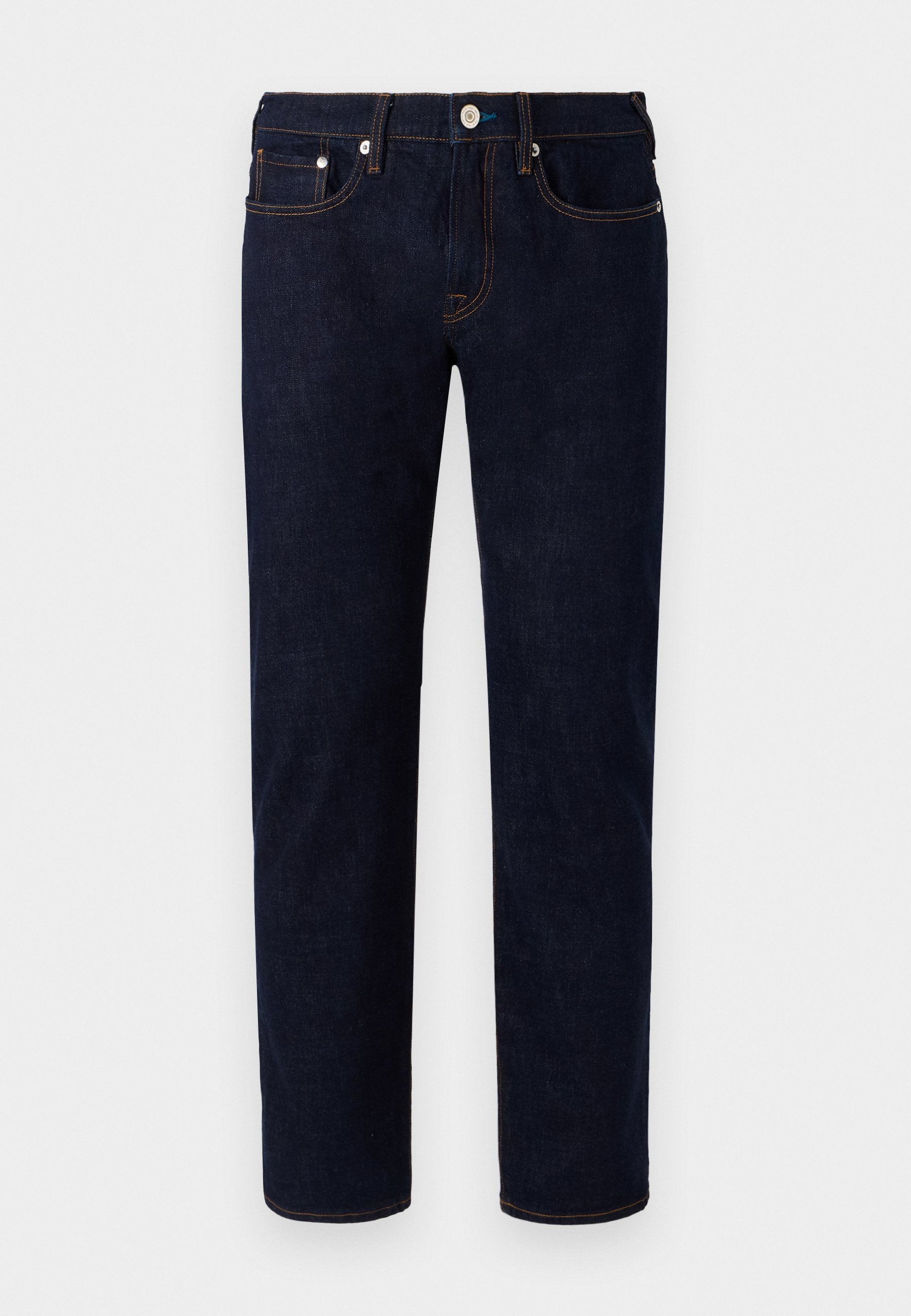 Dunkelblaue Jeans aus Denim mit geradem Bein, orangefarbenen Nähten, fünf Taschen und einem vorderen Knopfverschluss.