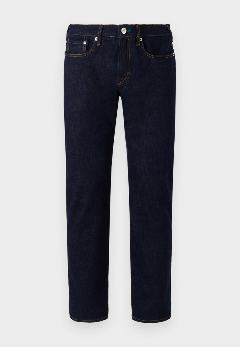 Dunkelblaue Jeans aus Denim mit geradem Bein, orangefarbenen Nähten, fünf Taschen und einem vorderen Knopfverschluss.