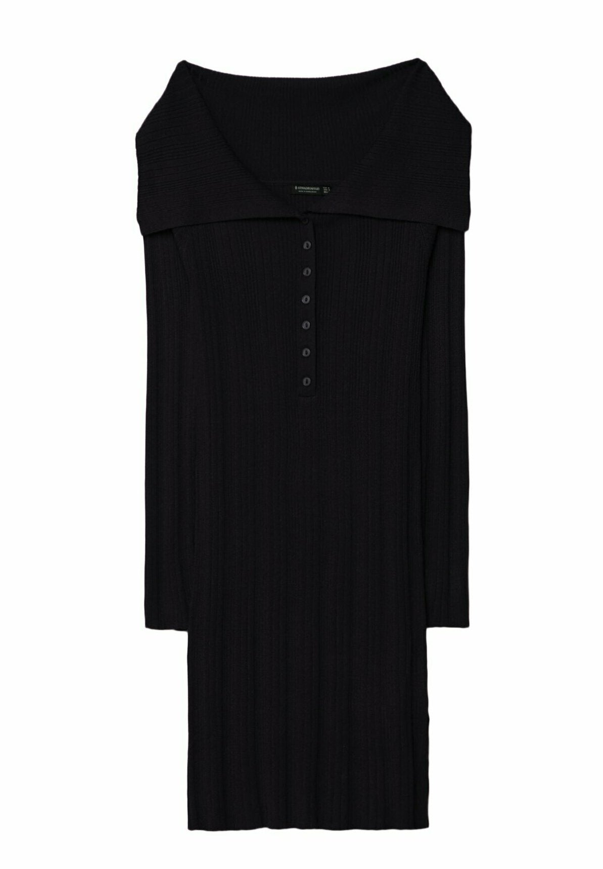 Schwarzes, geripptes Kleid mit schulterfreiem Ausschnitt, einer Reihe von Knöpfen vorne und langen Ärmeln. Weicher Stoff und mittellanges Design.