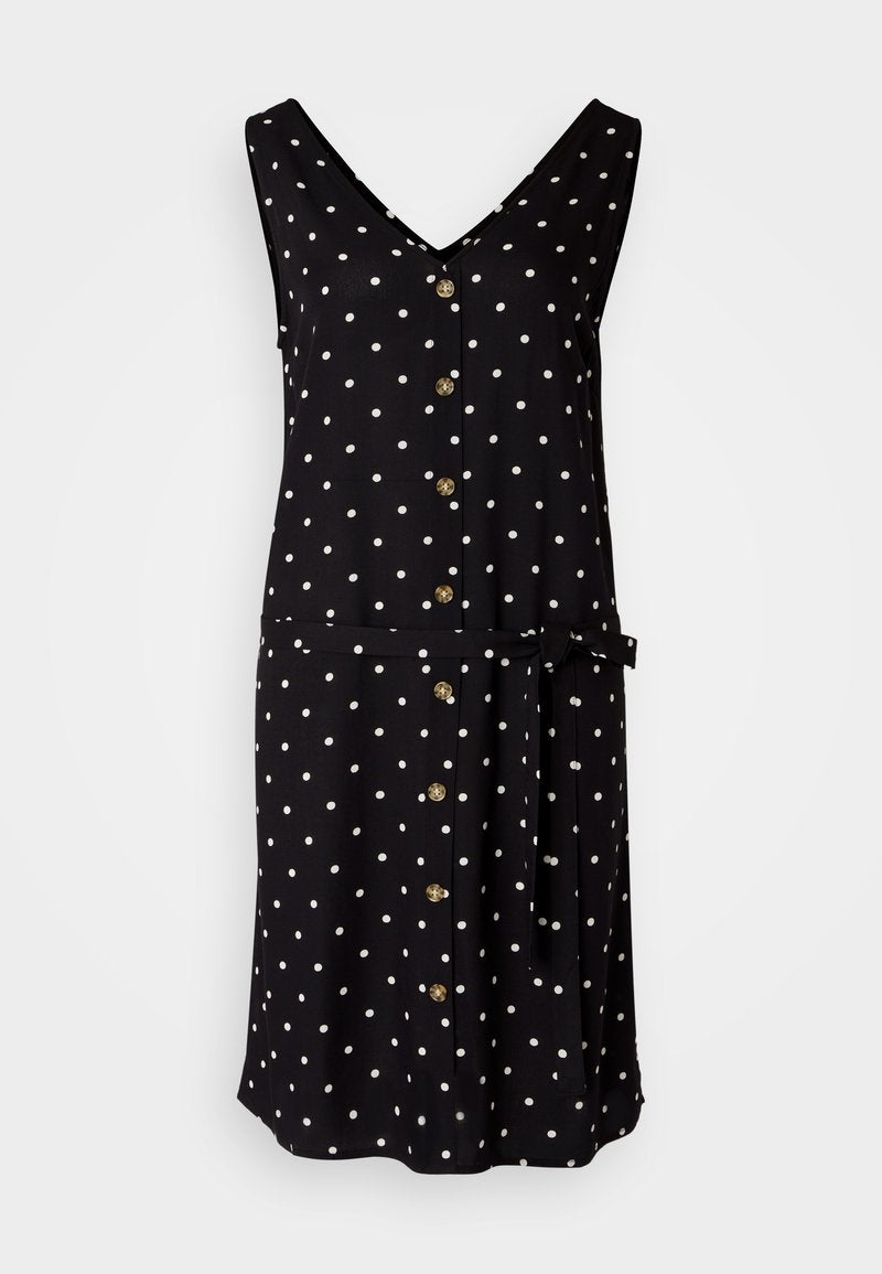 Schwarzes ärmelloses Kleid mit weißen Punkten, V-Ausschnitt, durchgehender Knopfleiste und einem gebundenen Taillengürtel. Weicher Stoff mit fließendem Design.