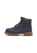 Marineblaue Lederstiefel mit gepolstertem Kragen, sechs metallischen Ösen und einer strukturierten Gummisohle. Enthält ein markenlogo an der Seite.