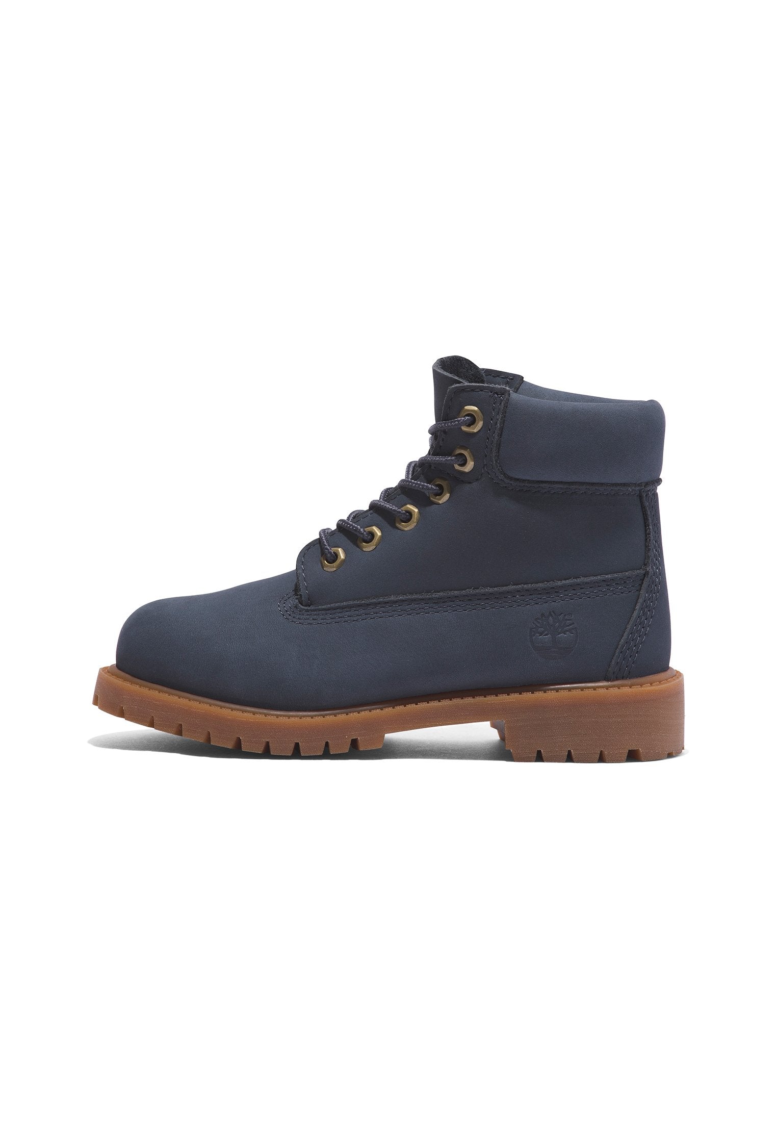 Marineblaue Lederstiefel mit gepolstertem Kragen, sechs metallischen Ösen und einer strukturierten Gummisohle. Enthält ein markenlogo an der Seite.
