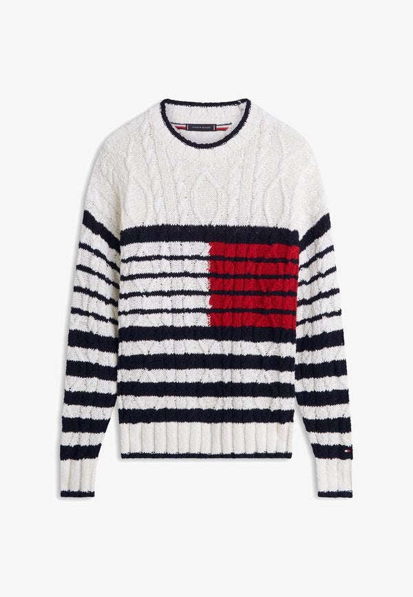 Tommy Hilfiger CABLE KNIT BRETON STRIPE FLAG JUMPER - Jumper - ivory petal/desert sky/medium red