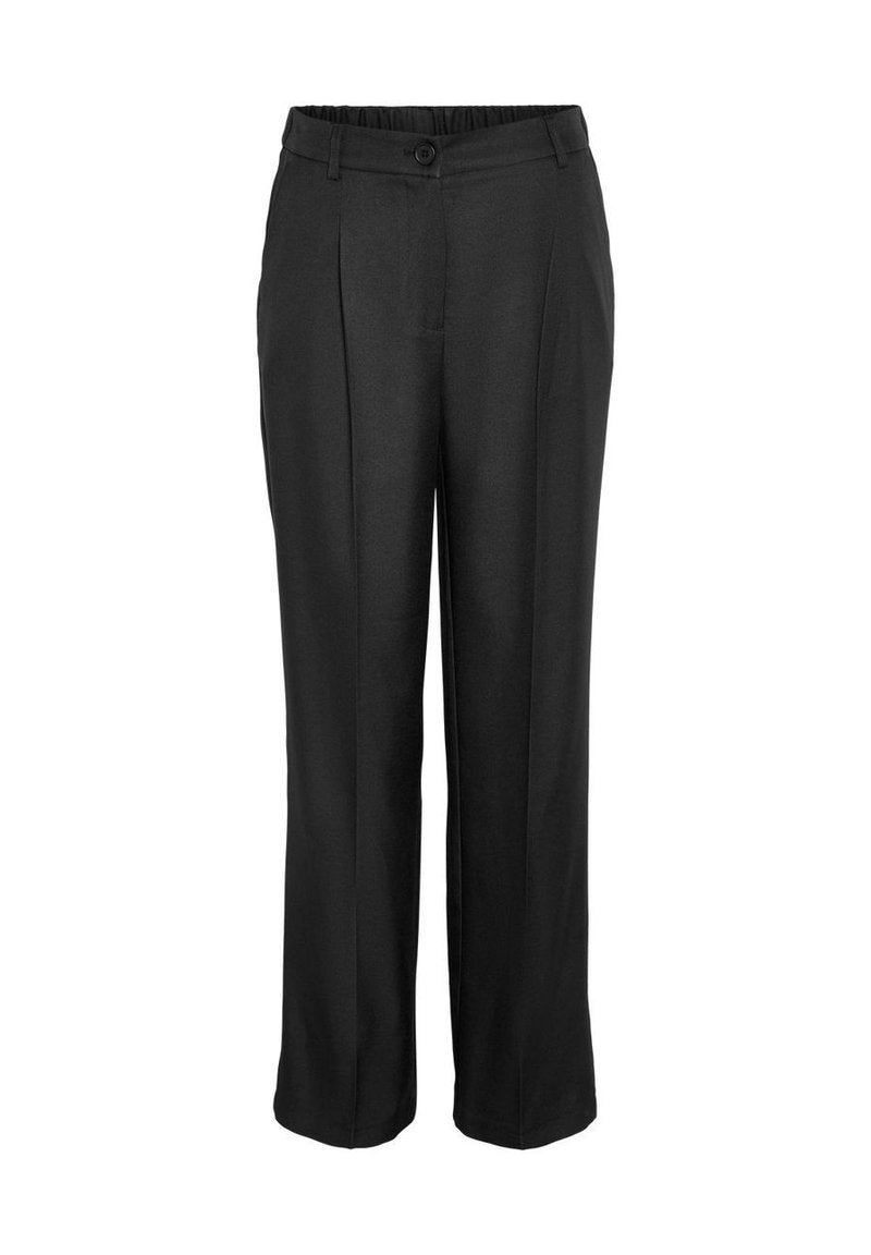Schwarze Hose aus glattem Stoff. Sie zeichnet sich durch eine lockere Passform, einen elastischen Bund und zwei vordere Falten aus, die für zusätzliche Struktur sorgen.