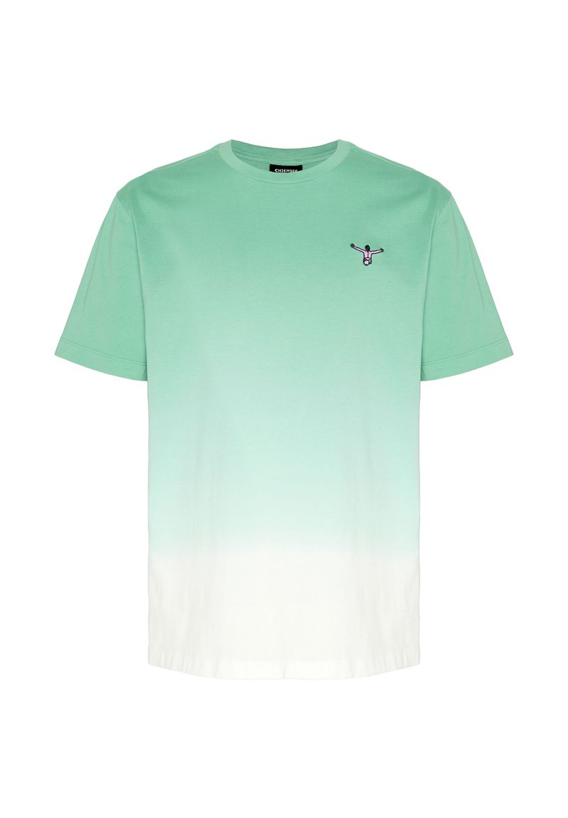 Grün-weiß verlaufendes Kurzarm-T-Shirt mit kleiner gestickter Figur mit ausgestreckten Armen auf der linken Brust.