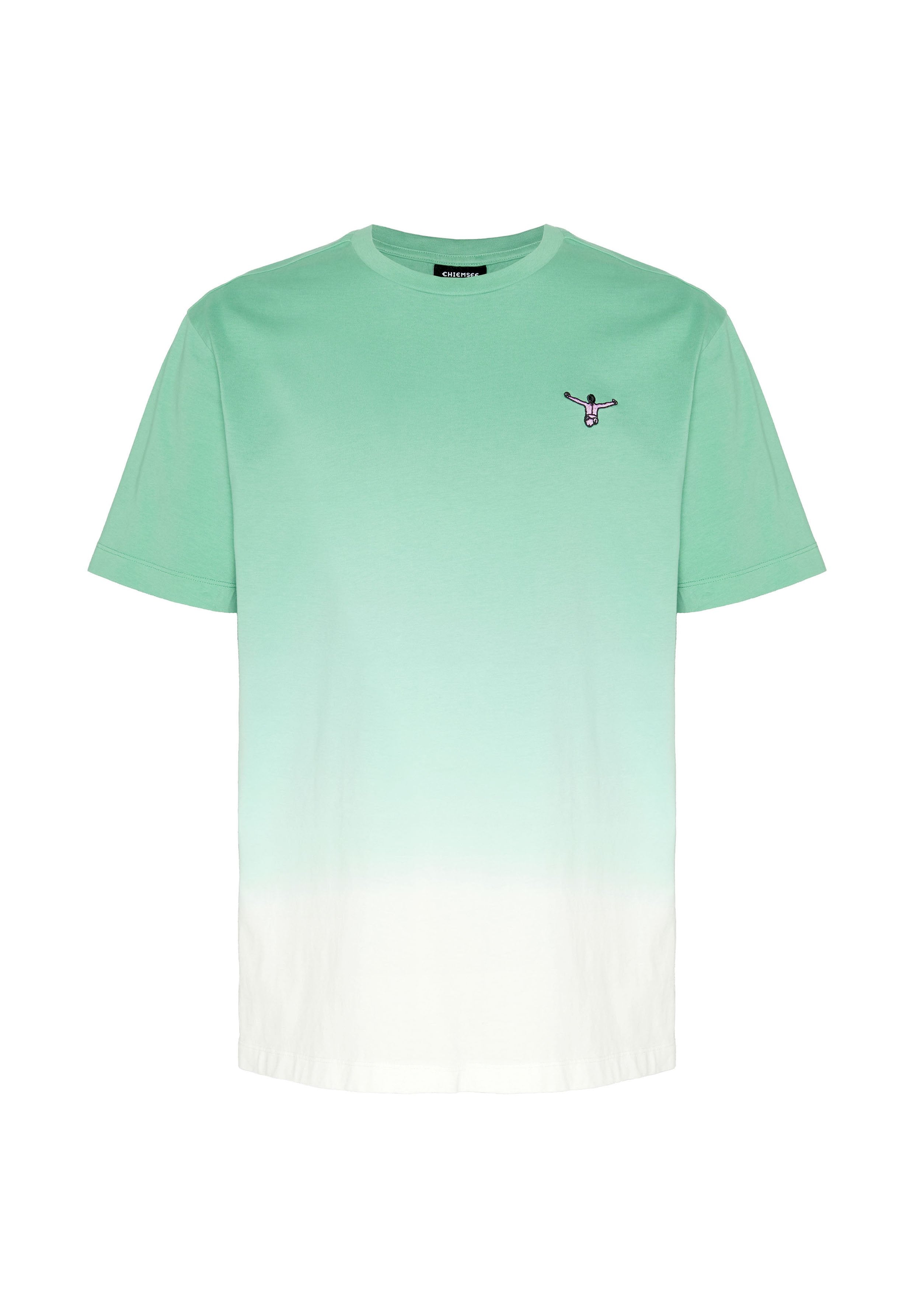 Grün-weiß verlaufendes Kurzarm-T-Shirt mit kleiner gestickter Figur mit ausgestreckten Armen auf der linken Brust.