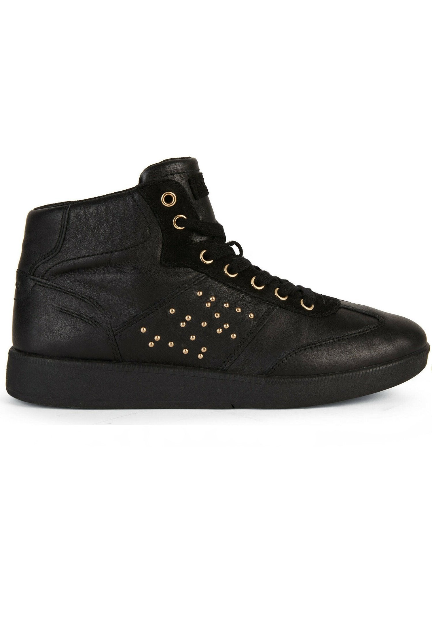 Schwarze High-Top-Sneaker aus Leder mit goldfarbenen Nieten an der Seite und schwarzen Schnürsenkeln. Mit strukturierten Akzenten und einer Gummisohle.
