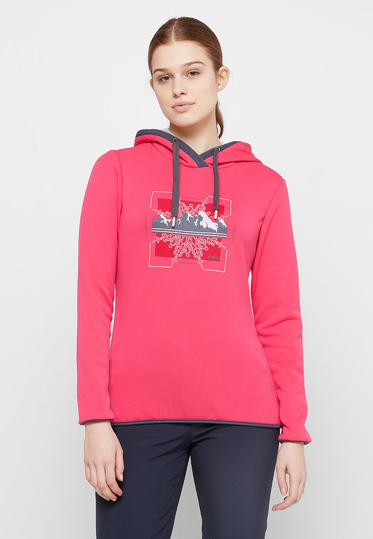 Rosa Kapuzenpullover aus weichem Stoff mit kontrastierendem dunkelblauem Kordelzug, mit einem grafischen Design von Bergen auf der Vorderseite.