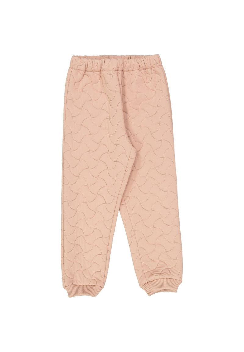 Pfirsichfarbene, gesteppte Hose mit einem elastischen Bund, gerippten Bündchen und einem dezenten Wellenmuster auf dem Stoff.