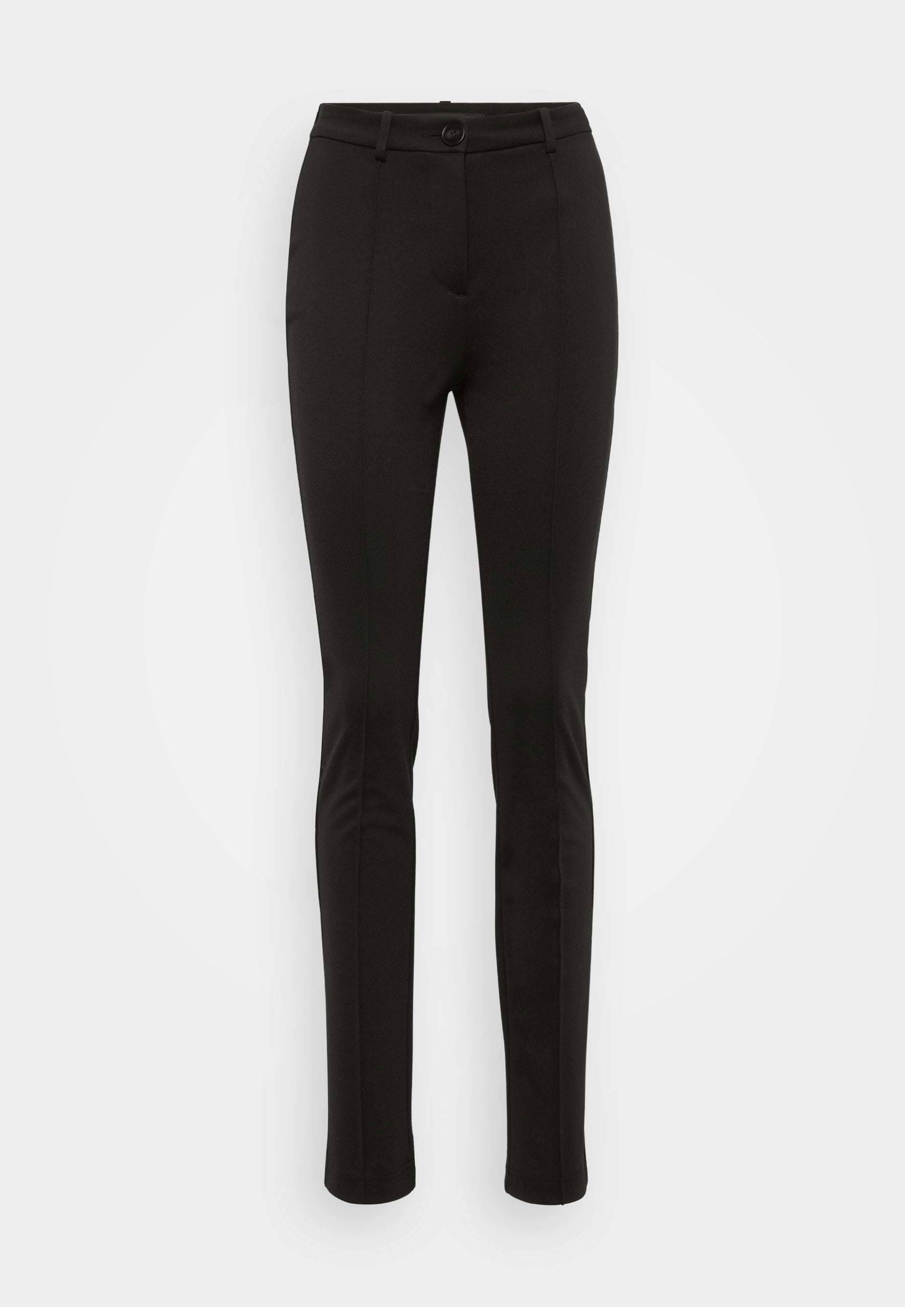 Schwarze, eng anliegende Hose aus glattem Stoff. Verfügt über einen Knopfverschluss, Gürtelschlaufen und saubere Vordernaht. Verjüngtes Bein-Design.