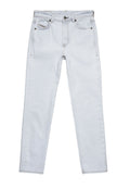 Helle blaue Jeans aus Denim mit geradem Schnitt, fünf Taschen, einem Reißverschluss vorne und einem Knopfverschluss. Enthält dezente Stickdetails.