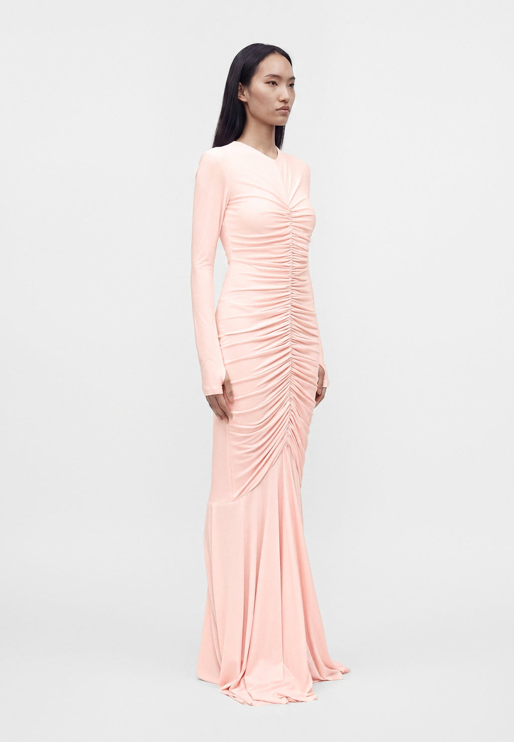 Norma Kamali LONG SLEEVE V NECK SHIRRED FRONT FISHTAIL GOWN