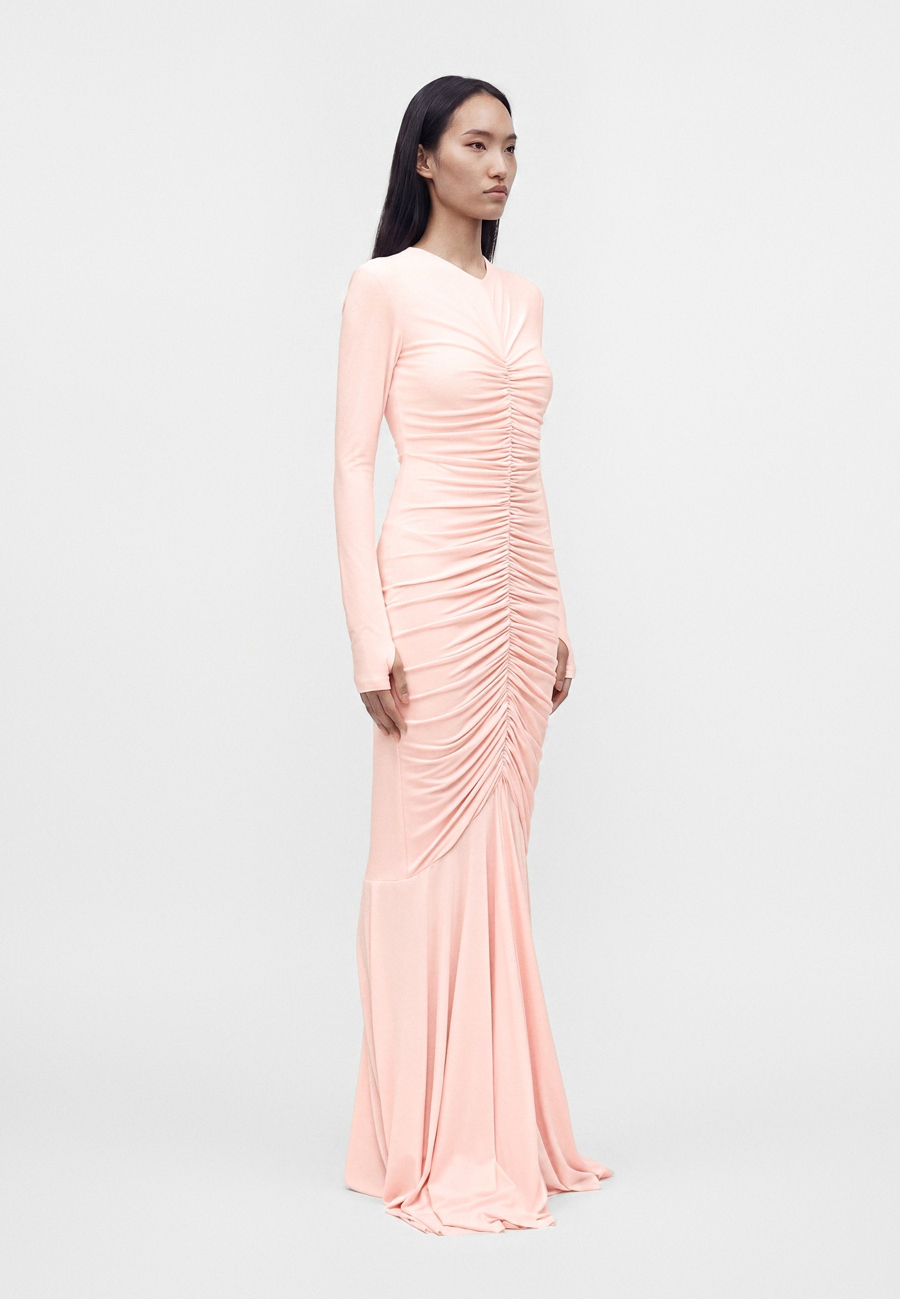 Norma Kamali LONG SLEEVE V NECK SHIRRED FRONT FISHTAIL GOWN