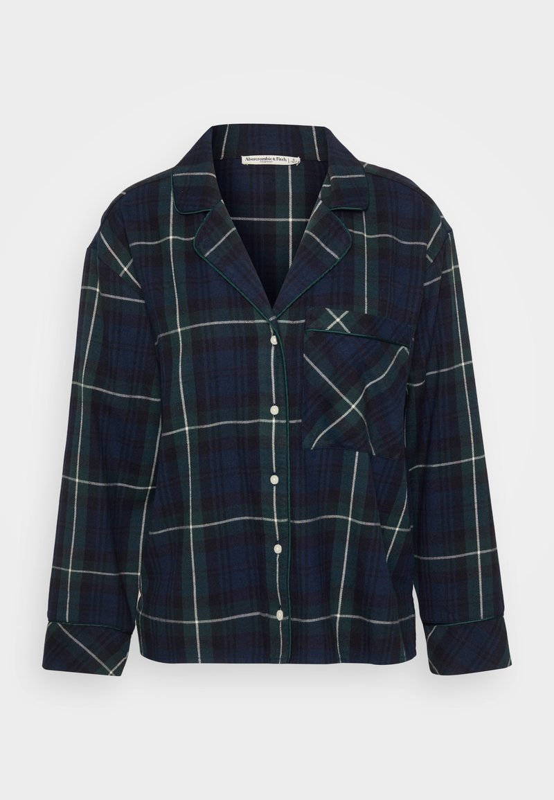Marineblau kariertes Flanell- Schlafhemd mit grünen und weißen Streifen, Knopfverschluss, Notch-Kragen und einer einzelnen Brusttasche. Weiche Textur.