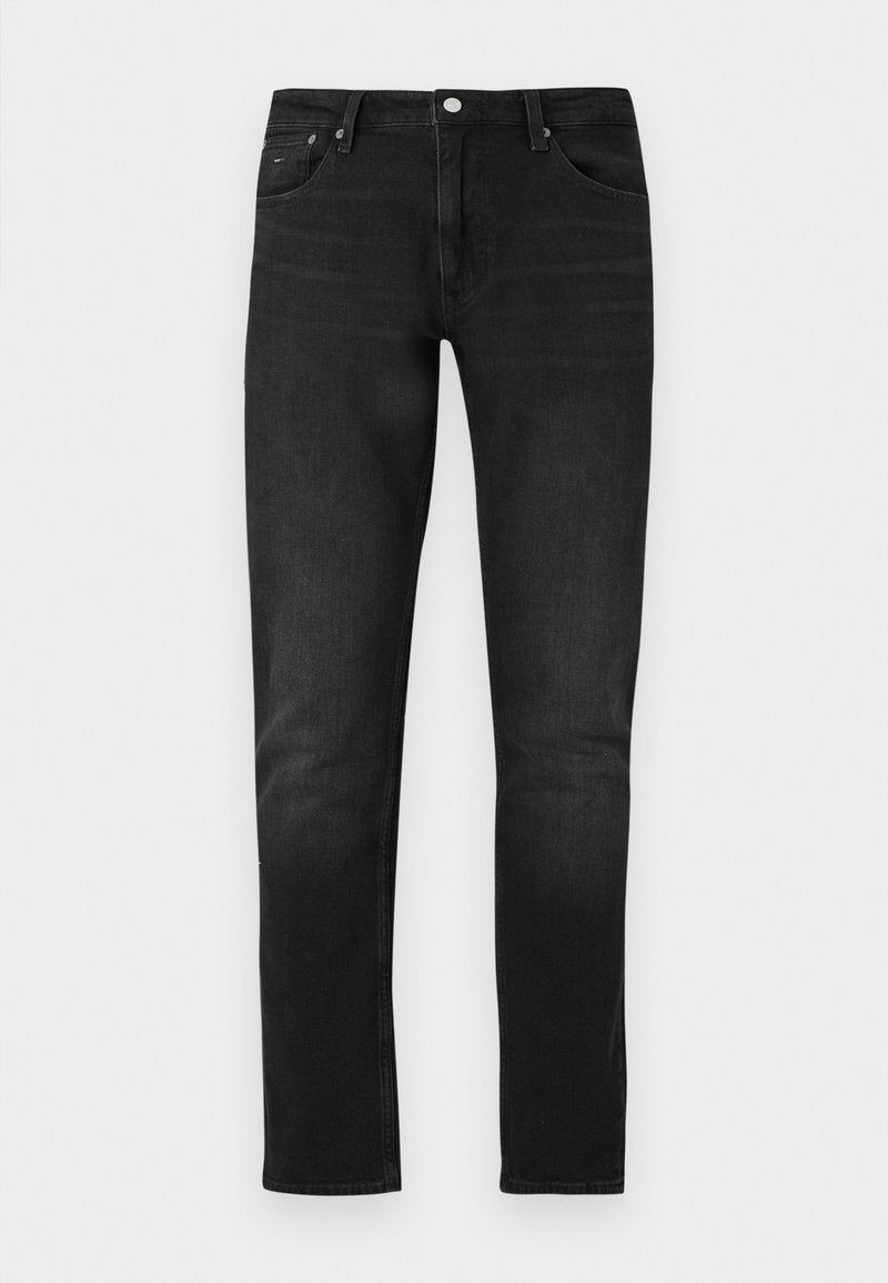 Schwarze Jeans aus Denim mit geradem Bein, traditionellem Fünf-Taschen-Stil und Knopfverschluss am Bund.
