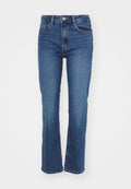 Dunkelblaue Jeans aus Denim mit geradem Bein, hoher Taille, Fünf-Taschen-Design und klassischem Knopf- und Reißverschluss.