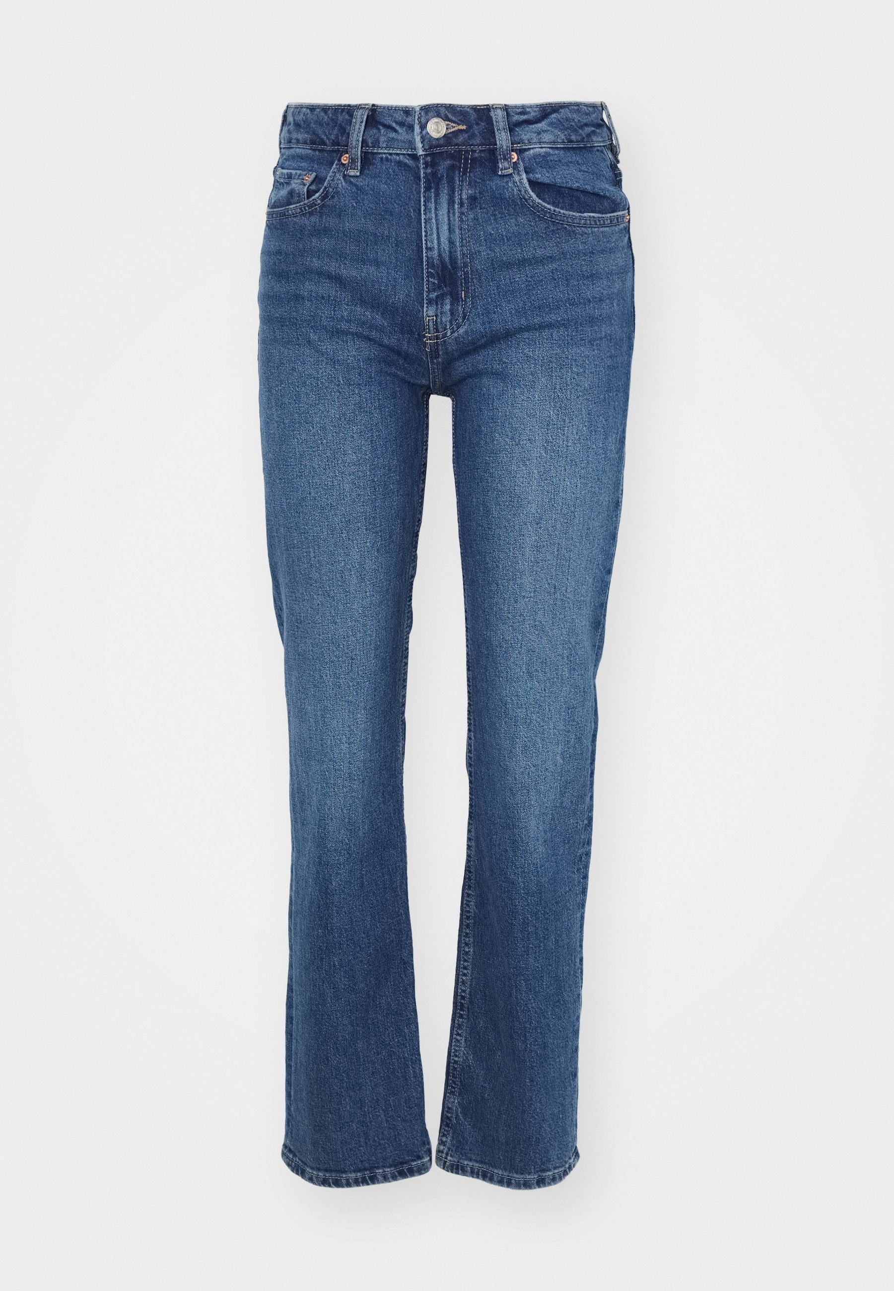 Dunkelblaue Jeans aus Denim mit geradem Bein, hoher Taille, Fünf-Taschen-Design und klassischem Knopf- und Reißverschluss.