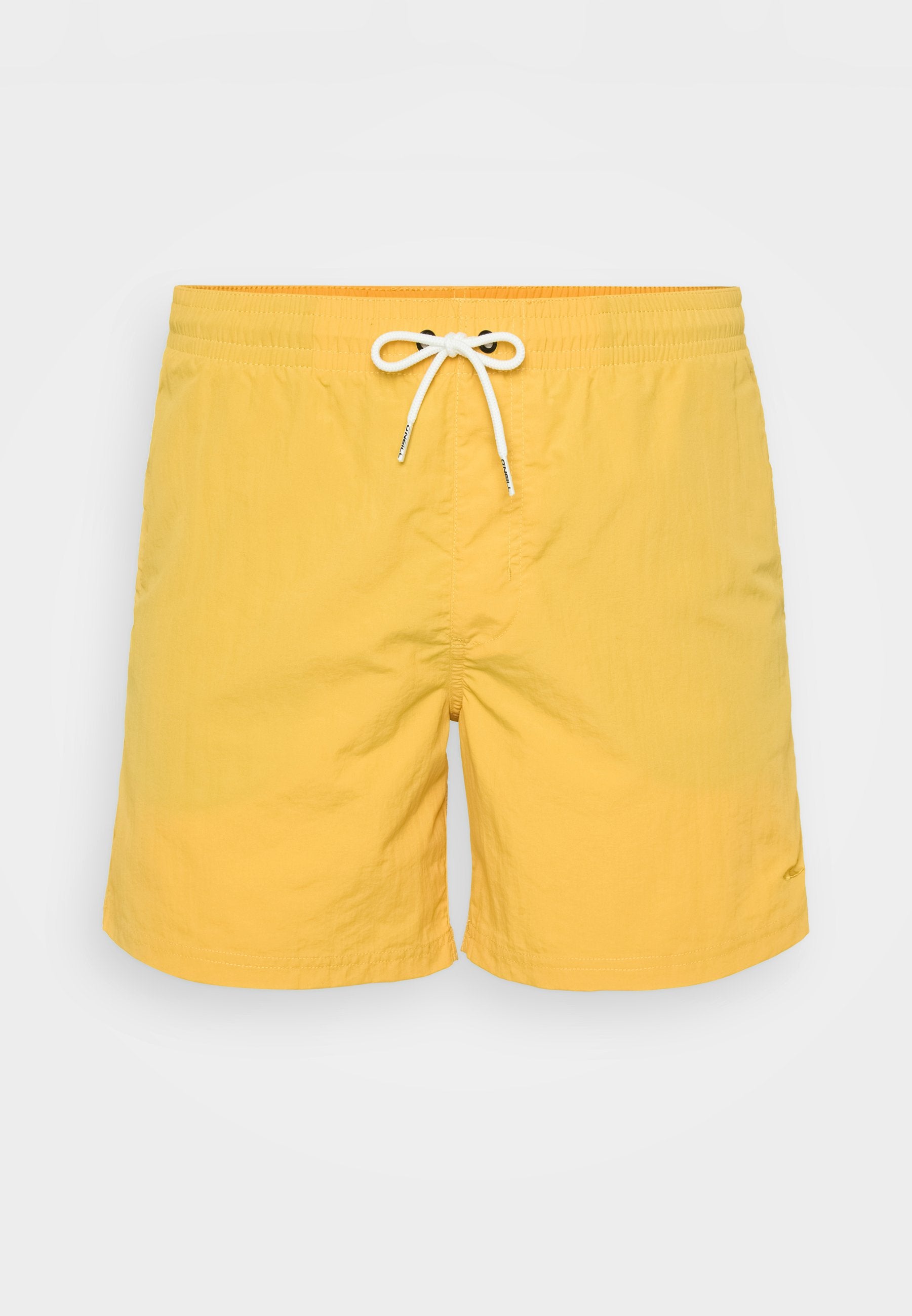 Gelbe Badehose aus leichtem Material mit elastischem Bund, weißem Kordelzug und schlichter Gestaltung.