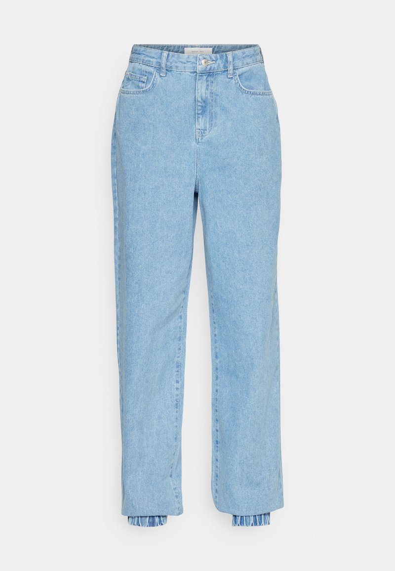 Hellblaue Denim-Hose mit hoher Taille, geradem Bein und gerafftem Saum. Verfügt über ein klassisches Fünf-Taschen-Design und einen vorderen Knopfverschluss.