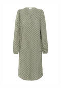 Olivengrünes Kleid mit langen Ärmeln, V-Ausschnitt und schwarzen Punkten. Weicher, strukturierter Stoff mit gerafften Ärmeln und lockerer Passform.