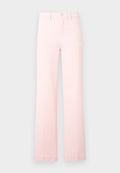 Hochbundige, gerade geschnittene Hose in hellrosa mit Gürtelschlaufen, Knopfverschluss und Vorderreißverschluss, flach auf einem weißen Hintergrund präsentiert.