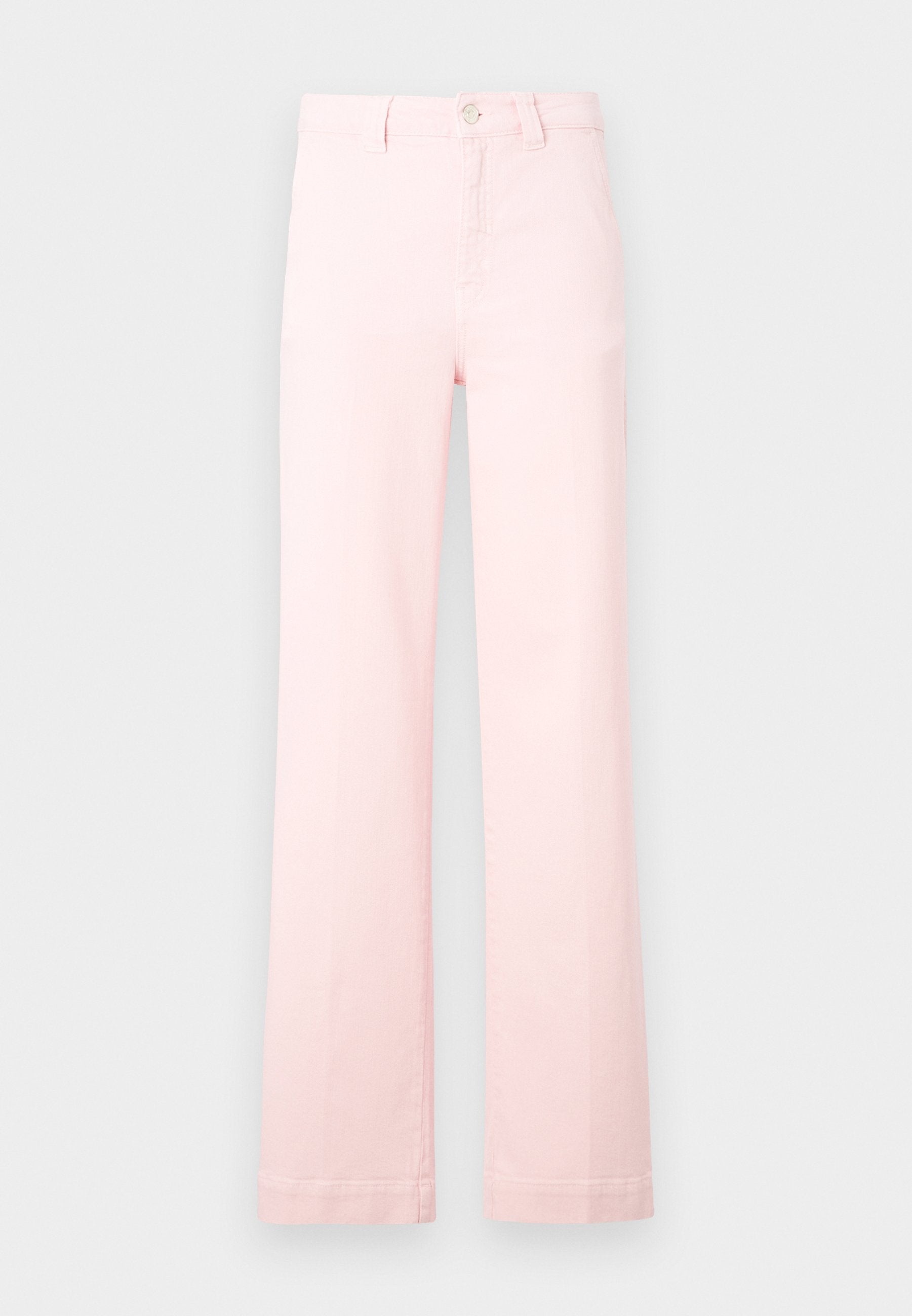 Hochbundige, gerade geschnittene Hose in hellrosa mit Gürtelschlaufen, Knopfverschluss und Vorderreißverschluss, flach auf einem weißen Hintergrund präsentiert.