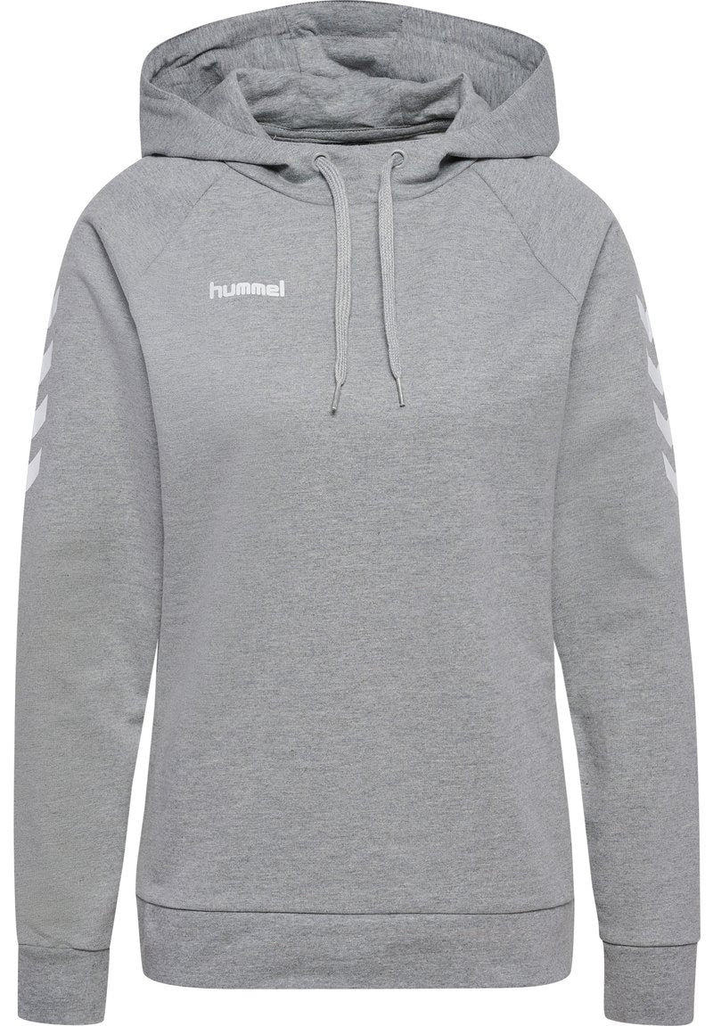 Grauer Hoodie aus weichem Baumwollmischgewebe, mit einer Kordelzugkapuze, Raglanärmeln und weißem Chevronmuster an den Seiten.
