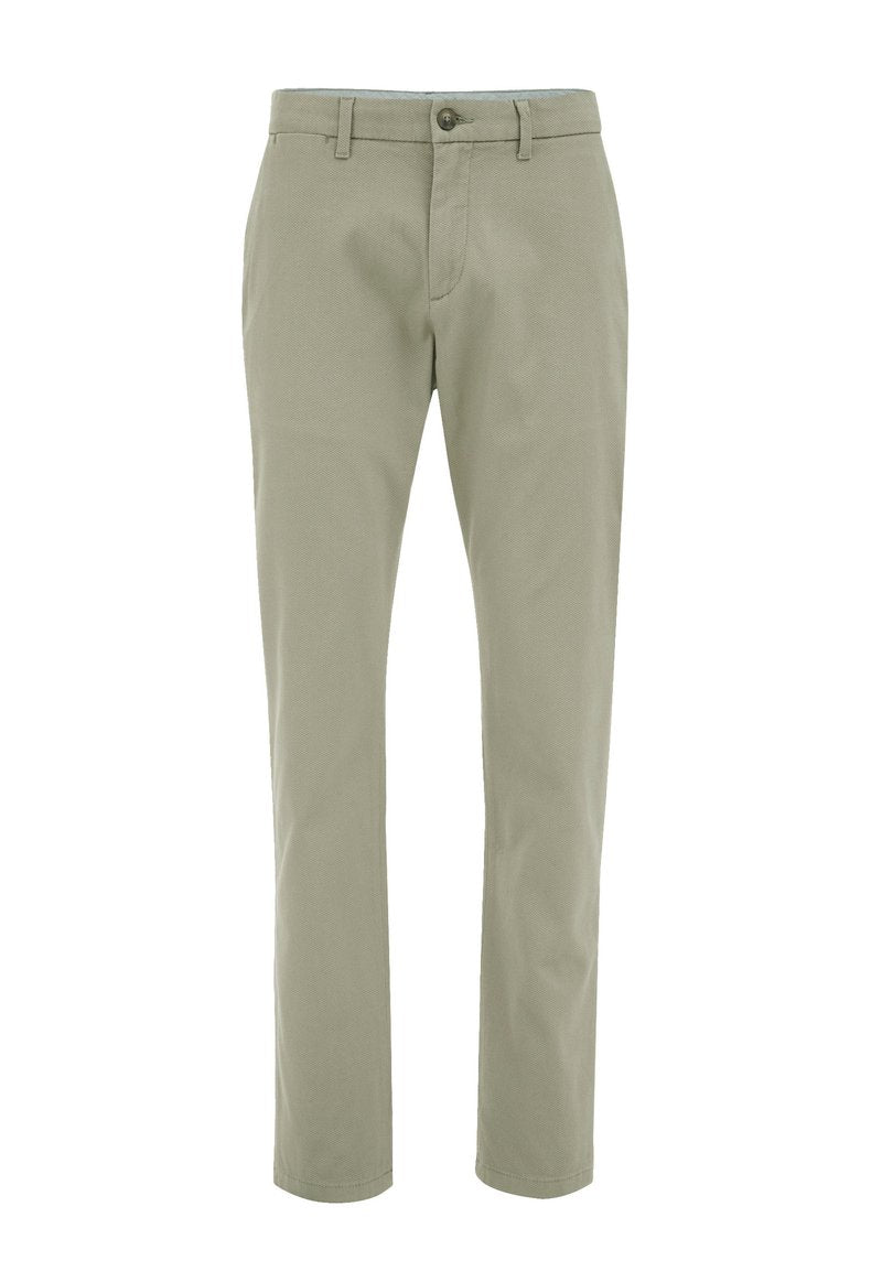 Hellgrüne Hose aus strukturiertem Baumwollstoff, mit geradem Schnitt, einem Knopfverschluss und Gürtelschlaufen.