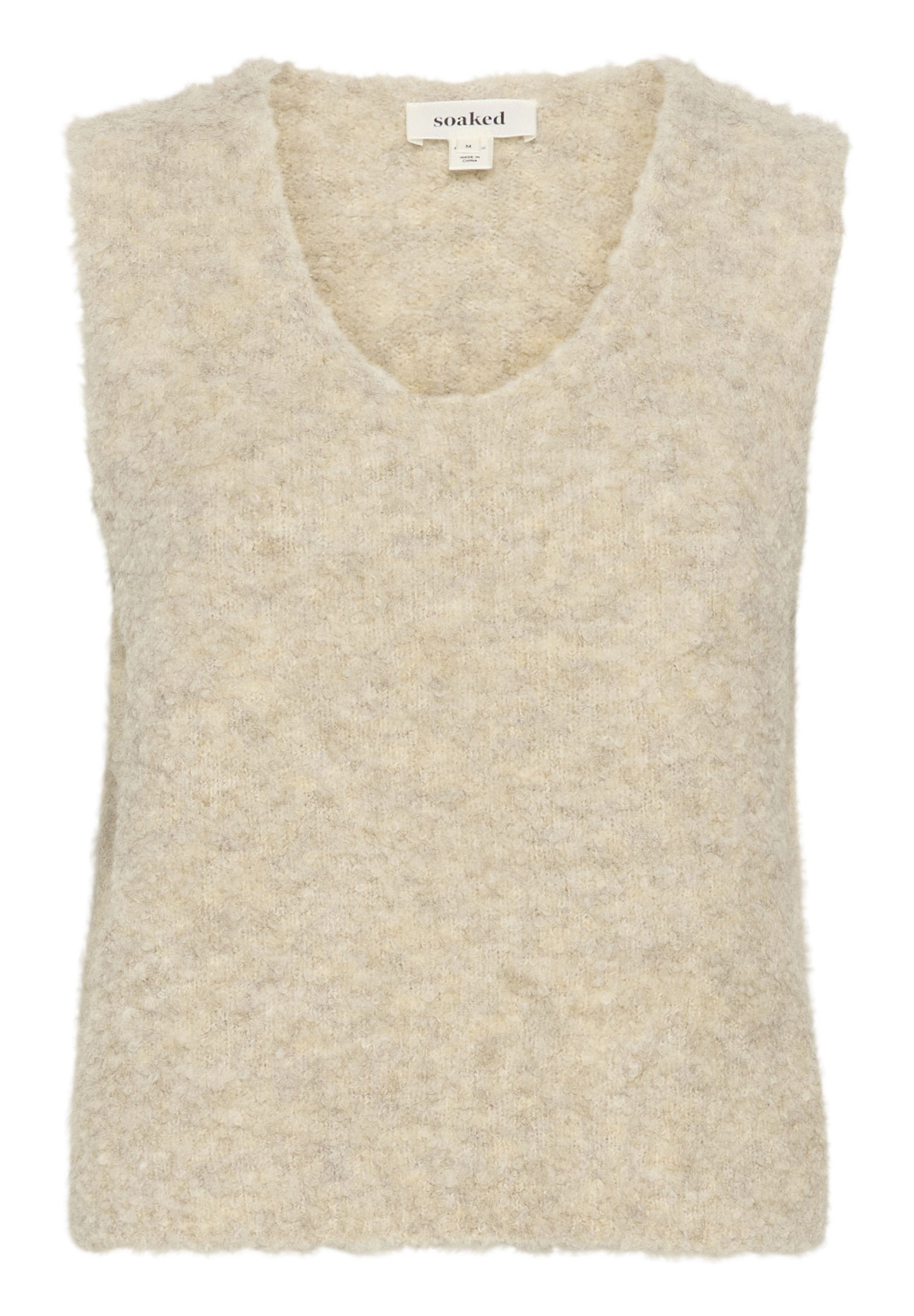 Beige ärmellose Weste mit tiefem V-Ausschnitt, aus weichem, strukturiertem Stoff. Hat eine lockere Passform und einen leicht unebenen Saum.