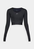 Schwarzes Nike Pro langärmliges Crop-Top mit rundem Ausschnitt, enganliegendem Design und einem strukturierten Saum mit "NIKE PRO"-Logo am unteren Ende.