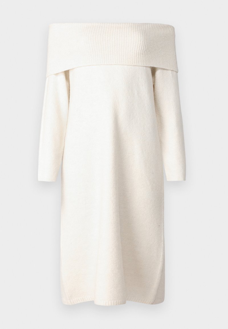 Cremfarbnes Off-Shoulder-Kleid aus weichem, strukturiertem Stoff; lange Ärmel mit engen Bündchen; lockere Passform; knielanges Design.