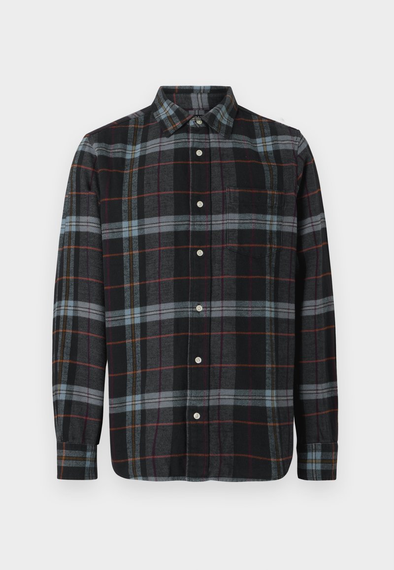 Schwarzes und graues karriertes Button-Up-Hemd mit blauen, roten und orangen Akzenten. Baumwollmaterial, lange Ärmel, einzelne Brusttasche, Standardkragen.