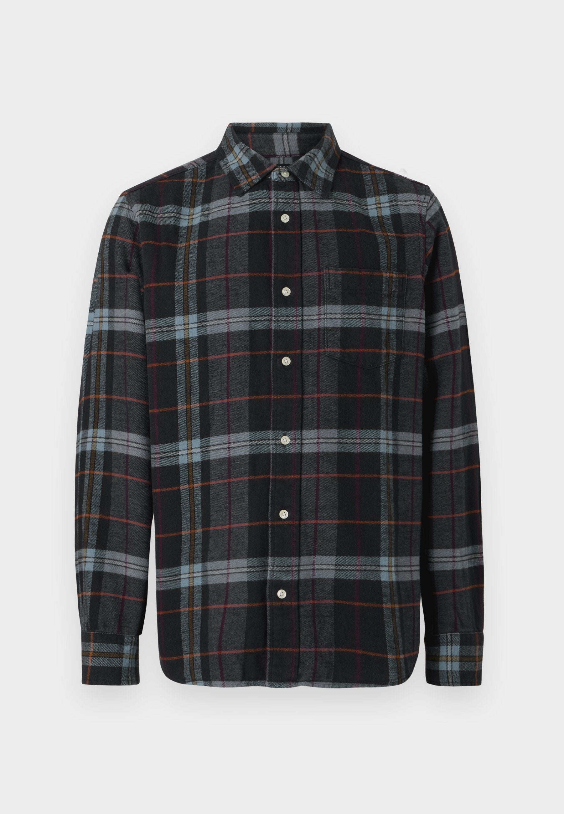 Schwarzes und graues karriertes Button-Up-Hemd mit blauen, roten und orangen Akzenten. Baumwollmaterial, lange Ärmel, einzelne Brusttasche, Standardkragen.