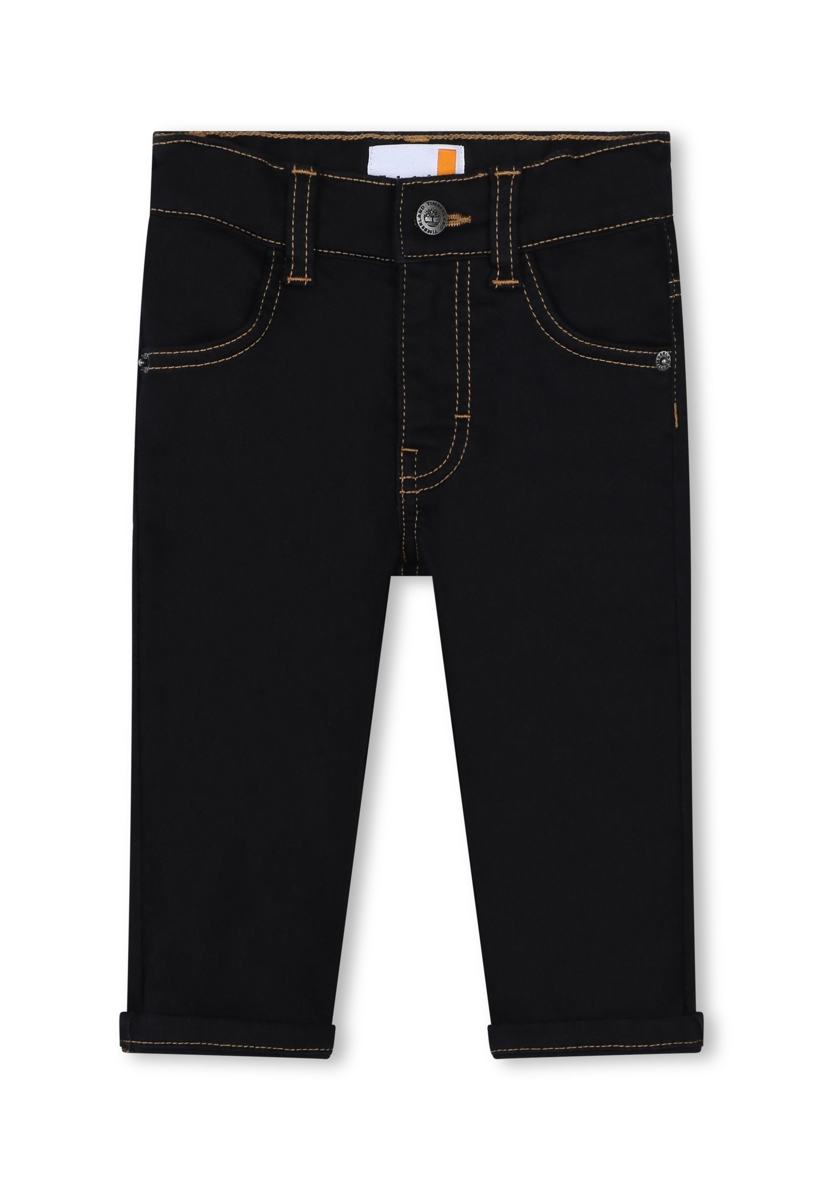 Schwarze Denim-Hosen mit schmalem Schnitt, ausgestattet mit goldenen Nähten, Knopfverschluss und umgeschlagenen Säumen. Beinhaltet Vorder- und Gesäßtaschen.