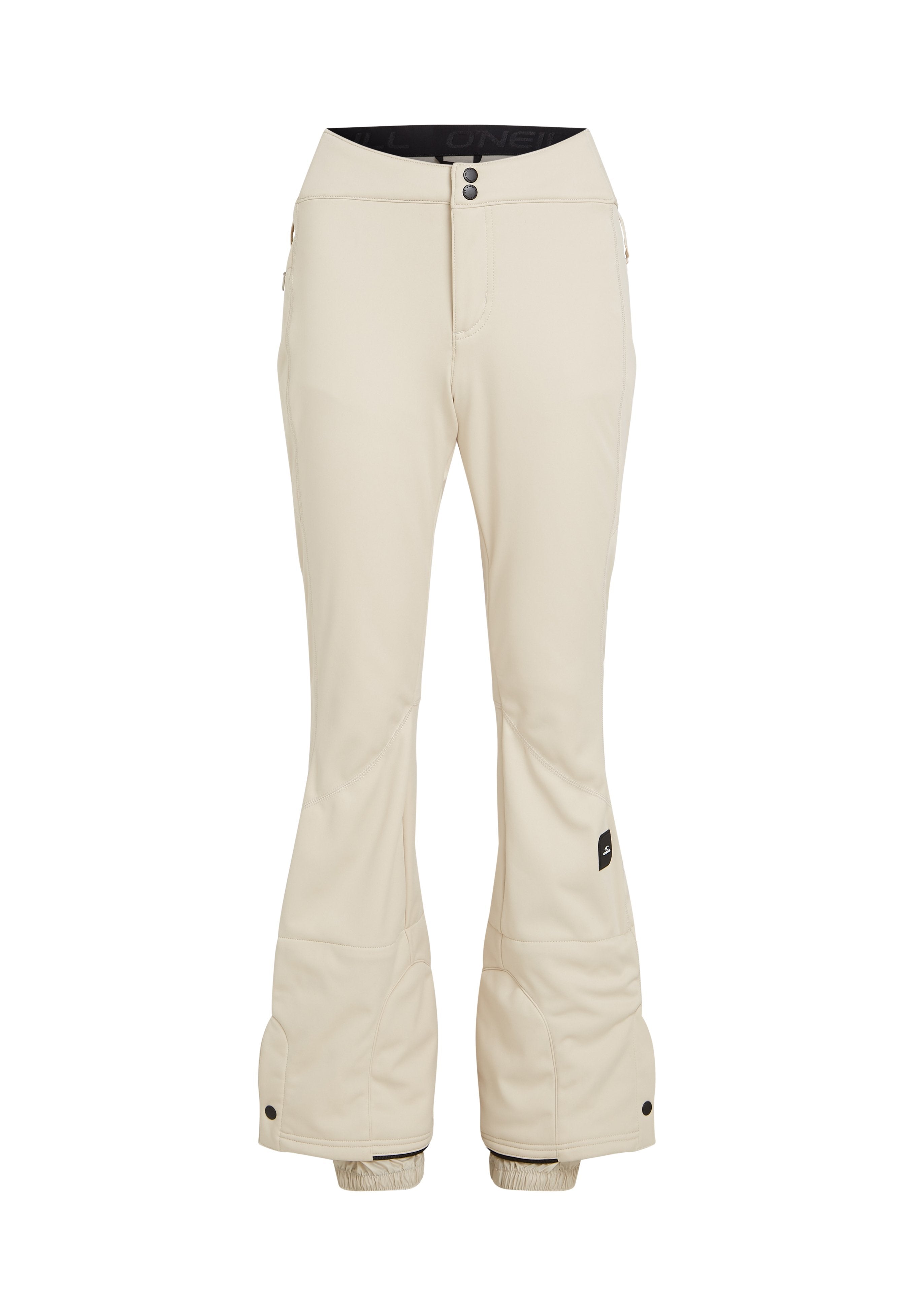 Beige Schneehosen mit einem maßgeschneiderten Schnitt, ausgestattet mit einer Reißverschlusstasche, Knopfverschluss und elastischen Bündchen für zusätzliche Isolierung.