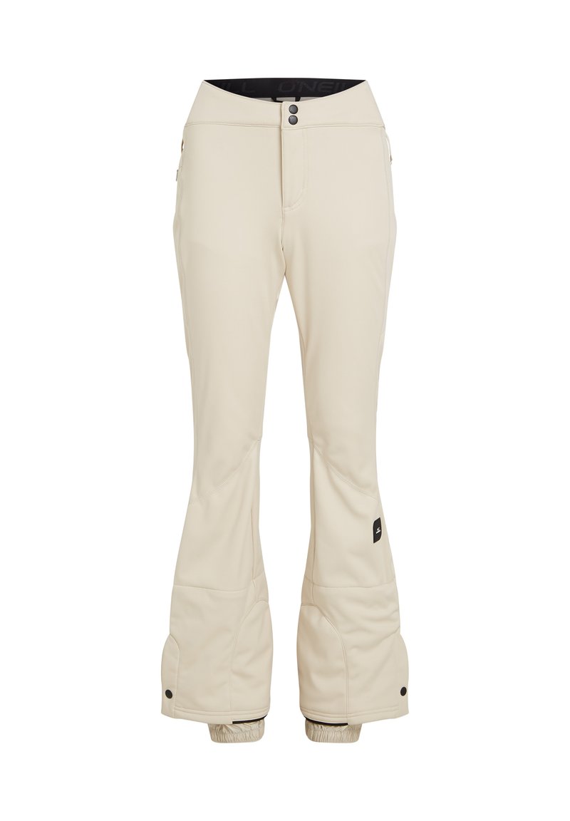 Beige Schneehosen mit einem maßgeschneiderten Schnitt, ausgestattet mit einer Reißverschlusstasche, Knopfverschluss und elastischen Bündchen für zusätzliche Isolierung.
