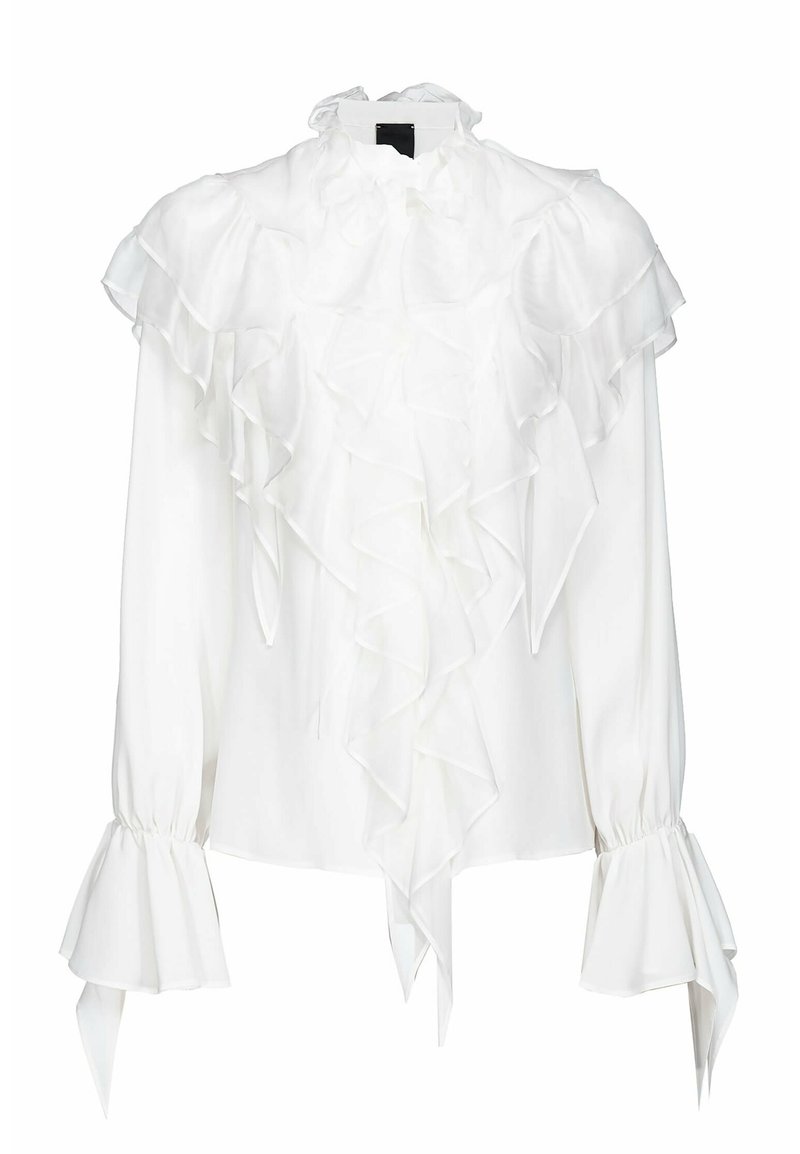 Weiße Bluse mit einem gerafften, hohen Kragen, langen Ärmeln und ausgestellten Manschetten. Hergestellt aus einem glatten, leichten Stoff.