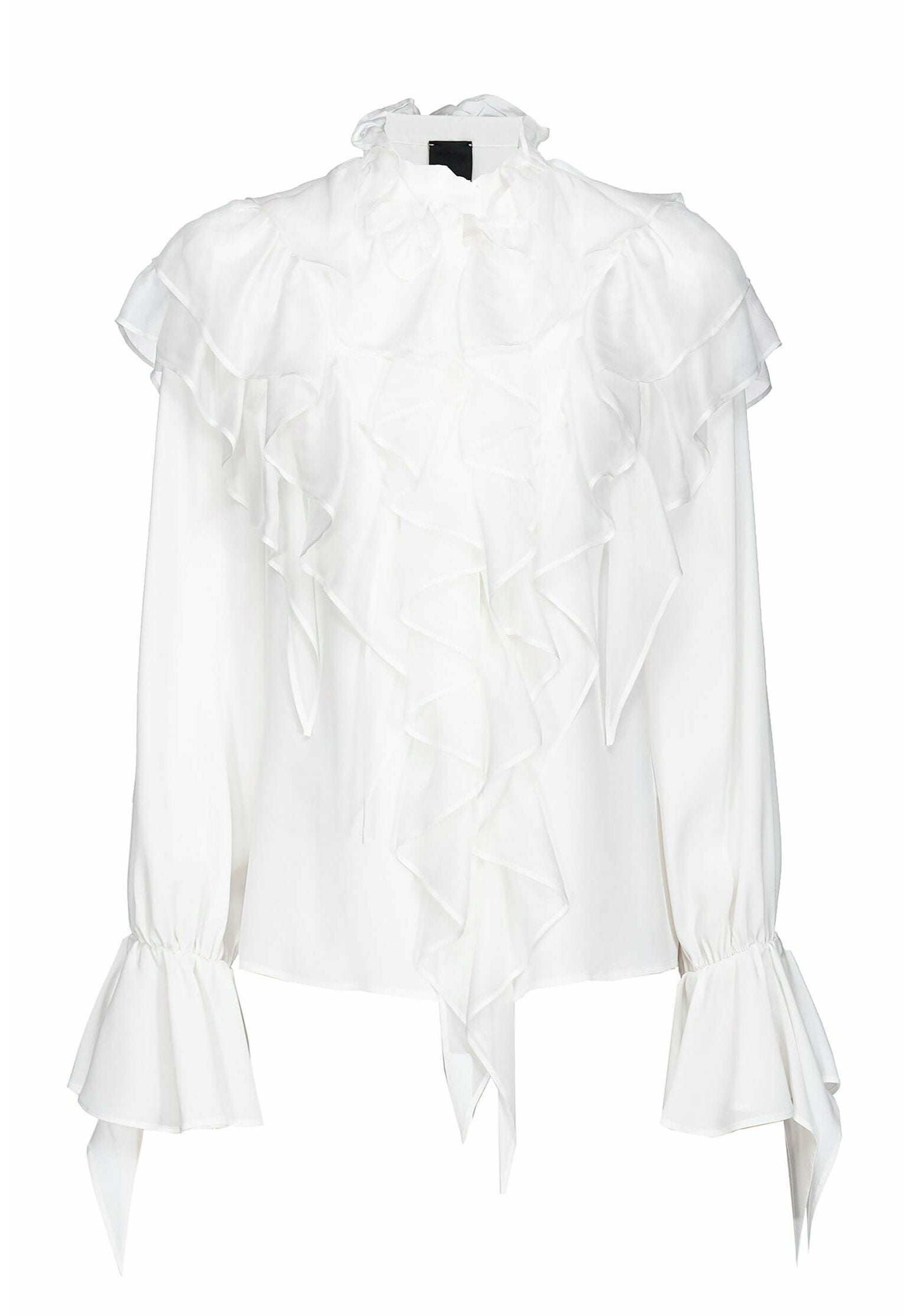 Weiße Bluse mit einem gerafften, hohen Kragen, langen Ärmeln und ausgestellten Manschetten. Hergestellt aus einem glatten, leichten Stoff.