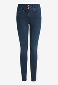 Dunkelblaue Skinny Jeans aus Denim, mit hoher Taille, zwei vorderen Taschen, zwei Knopfverschluss und subtilen Steppnähten.