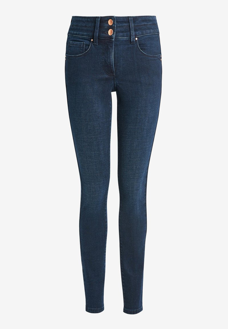 Dunkelblaue Skinny Jeans aus Denim, mit hoher Taille, zwei vorderen Taschen, zwei Knopfverschluss und subtilen Steppnähten.