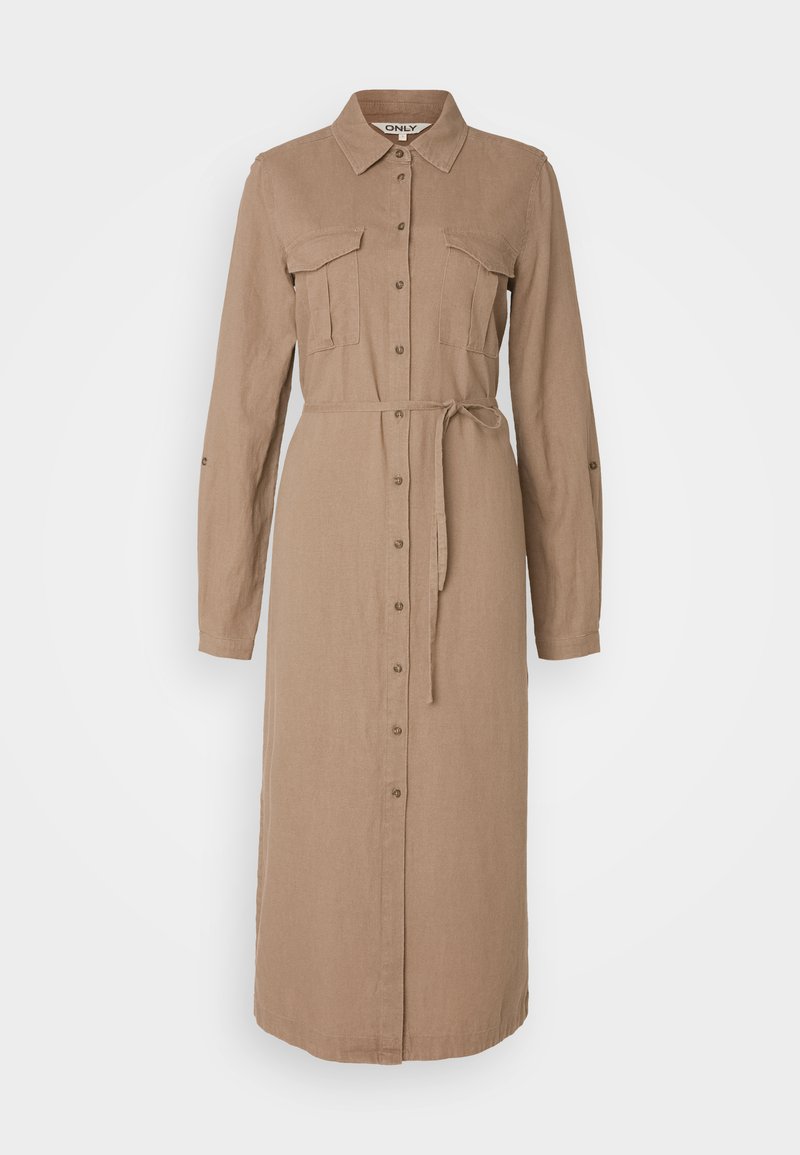 Button-down Kleid aus leichtem braunen Leinen mit Kragen, zwei aufgesetzten Taschen, taillierbarem Gürtel und langen Ärmeln, mit geradem Saum.