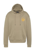Kapuzensweatshirt aus hellbraunem Stoff. Mit vorderer Kängurutasche, gerippten Bündchen und besticktem gelbem Logo mit Stern und Schwingen.