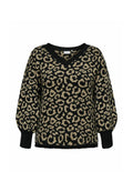Schwarz-beige Leopardmuster Pullover mit V-Ausschnitt, gepufften langen Ärmeln, gerippten Bündchen und Saum sowie einem entspannten Schnitt.