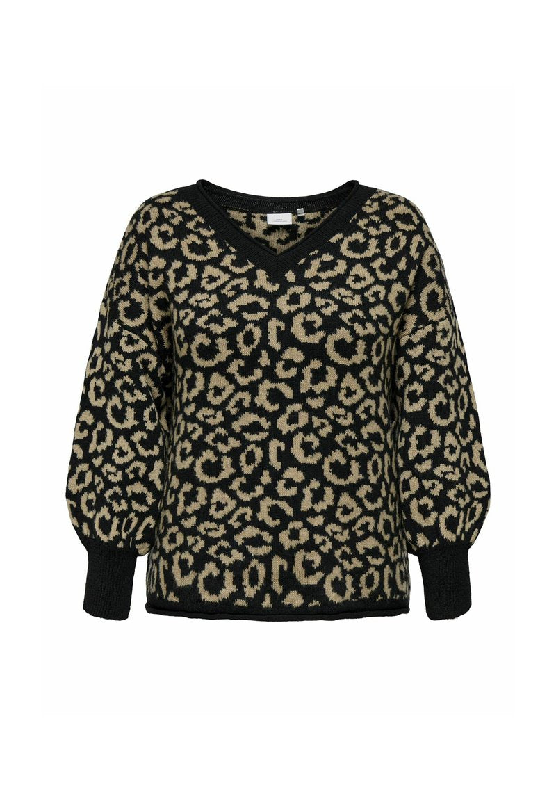 Schwarz-beige Leopardmuster Pullover mit V-Ausschnitt, gepufften langen Ärmeln, gerippten Bündchen und Saum sowie einem entspannten Schnitt.